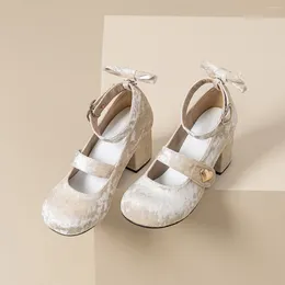 Sapatos de vestido 2024 Lolita jovem menina bombas veludo arco mary jane 6cm mulheres coração fivela salto grosso elegante dia dos namorados