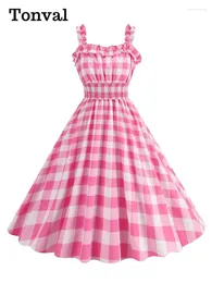 Casual Dresses Tonval Ruffle Trim Elastic Waist Summer Long 2024 Women Pink And White Plaid Cocktail Party Ladies Vintage Dress