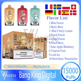 Original Bang King Digital 15000 puffstänger engångsvapen penna e cigaretter 25 ml per fyllda skidkassett 650mAh Uppladdningsbara batteripuffar 15K -kit