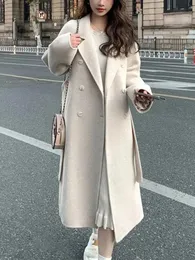 Abrigo de lana holgado informal para mujer, moda coreana, abrigo largo liso elegante y elegante con cinturón, capa cálida para mujer 240108