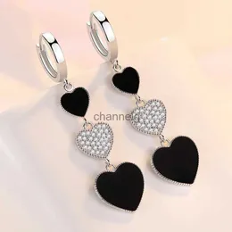 Stud Kofsac Romântico Trendy Black Heart Brincos Longos para Mulheres Glamorous 925 Sterling Silver Party Brinco Brilhante Zircão Jóias YQ240108