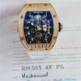 RichardMill RM003 Relógios masculinos Tourbillon Relógio em ouro rosa com exibição de data de diamante Mecânico automático suíço famoso relógio de luxo divertido