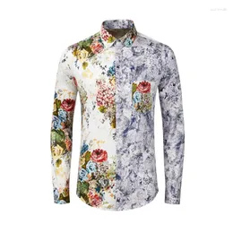 メンズカジュアルシャツ到着秋の大きな花とブルーデジタルスリムプリントシャツ製品快適な工場サイズM-4XL