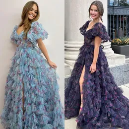 Vestidos Imprimir Floral Prom Dress 2k24 Querida Puffed Ballon Mangas Ruffles High Slit Macacão Aline Lady Pageant Evento de Noite Formal