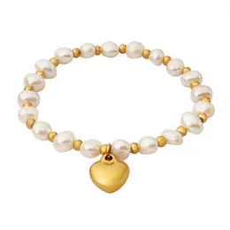 여성의 Danshui Pearl Baded Bracelet 패션 창조적 디자인 심장 모양의 펜던트 팔찌 스테인레스 스틸 도금 18K 금 보석 선물