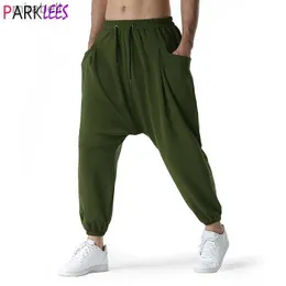 남성용 바지 군대 녹색 가루 가기 Genie Boho Yoga Harem Pants Cotton Low Drop Crotch Joggers 스웨트 팬츠 남성 캐주얼 히피 스트리트웨어 바지 YQ240108