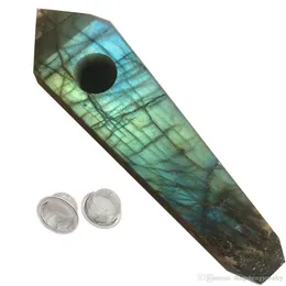 Crafts Natural Flashy Labradorite Quartz Smoking Pipe Crystal Quartz Tobacco Stone Wand Point Cigars Pipes With 2 Metal Filters Wholesale