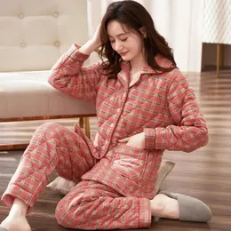 Mulheres sleepwear 2024 extra-grosso pijama mulheres outono inverno algodão acolchoado loungewear meia-idade homewear terno v-pescoço treliça