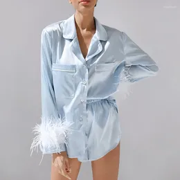 Pijamas femininos pijamas para mulheres 2 pçs conjunto penas manga longa pena turn down colarinho outono casual noite ternos com shorts cetim