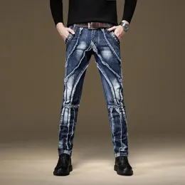 Light Luxury Men's Slim-Fit Patchwork Blue Denim PantsBeggar Style Nightclub Performer Trendy Jeansexy Street Jeans Pants; 240108