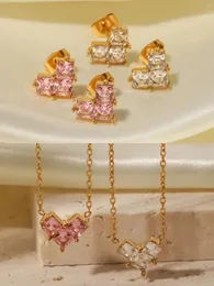 Colar brincos conjunto estilo francês rosa zircão coração pingente 18k banhado a ouro aço inoxidável não manchar moda senhora jóias
