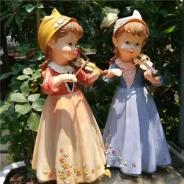 American Cute Playing Violin Girl Resin Adornments Outdoor Garden Courtyard Figurines Decoration Park Balcony Sculpture Crafts 240108