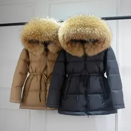 Real Raccoon Fur Women Winter Puffer Jacket Thicken Fluffy Warm Parka Kvinnor Midja Dractable Duck Down Waterproof Coat 240106