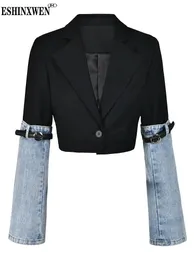 Eshin outono moda feminina denim retalhos blazer entalhado colar único botão manga longa terno curto jaquetas th5165 240108