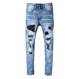 Herren-Designerhose, lila Jeans, Amris 563, High Street, trendige Marke, handgefertigt, getragenes Loch, heiße Diamant-Jeans, neue elastische Slim-Fit-Füße
