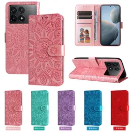 Cases For One Plus 12 Google Pixel 9 8 Pro 8A Redmi A3 K70 K70E Emboss Sunflower PU Leather Wallet ID Card Slot Magnet Floral Imprint Flower Holder Flip Cover Pouch Strap