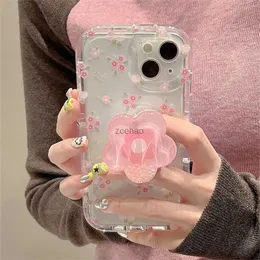Cell Phone Cases Cute Quicksand Pink Flower Holder Phone Case For iphone 15 14 12 13 11 Pro Max Plus INS Korea Girl Stand Floral Clear Soft CoverL240105