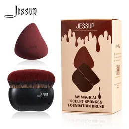 Escovas Jessup Foundation Brush com esponja de maquiagem, escova de maquiagem preta Flat Top Kabuki Brush para mistura líquida pontilhada, T881