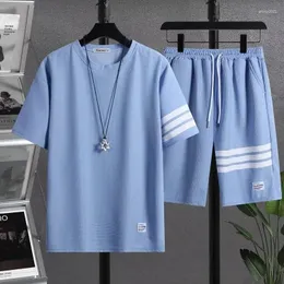 Tracksuits masculinos 2024 verão retalhos esportes terno o pescoço meia manga t camisas confortável conjunto de roupa camiseta e shorts conjuntos 2 peça