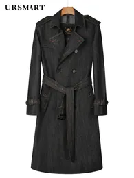 Long Denim Windbreaker Men's Over the Knee Double Breasted British Jean Trench Coat Autumn and Winter Thicked Warm Jacket 240108