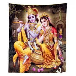 Señor Krishna con Radha y ternero de vaca, tapiz colorido de dioses hindúes religiosos raros de Ho Me Lili para accesorios de habitación de diseñador 240106
