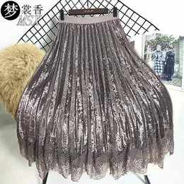 T-Shirt Autumn and Winter Lace Mesh Skirt Long Pleated Skirt High Waist Pleuche Woman Skirts Mujer Faldas Saias Mulher