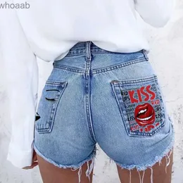 Damen-Shorts, personalisierter Druck, perforierte Quasten-Denim-Shorts, INS, amerikanischer KISS-Buchstabe, würzige Mädchen, Straßenmode, neuer Sommer 2023, YQ240108