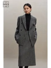 ZIQIAO Petite Herringbone Pattern Woolen Suit Half Skirt Set For Womens Winter Shoulder Jacket Casual Loose 240108