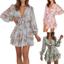 Vestido de verano con cuello en V profundo para mujer, vestidos bohemios de manga larga con estampado floral, vestidos sexis anudados con gradas S 3XL, Top de noche 240108