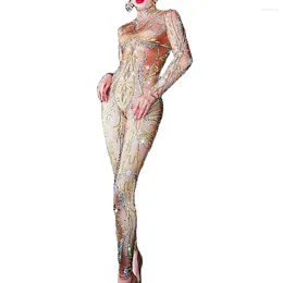 Stage Wear Sparkly Rhiestones Floral Print Women Jumpsuit Long Sleeve Stretch Tight Bodysuits Nightclub Dance Pole Dancing Outfit