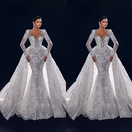 Luxury Crystal Mermaid Wedding Dresses Diamond Bridal Gowns Detachable Train Illusion Long Sleeve Beaded V Neck Sweep Train Robe