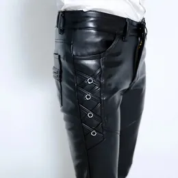 HOO young men with thick leather pants cultivate ones morality foot trousers fashion pu 240108