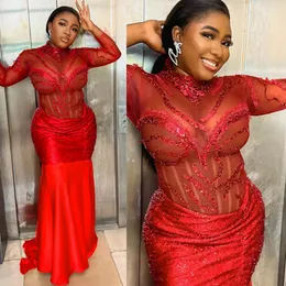 Nigeria African Prom Dresses Plus Size High Neck Long Mermaid Red Sequined Lace Formal Occasion Evening Gowns Illusion Party Wear Second Reception Gown AM348