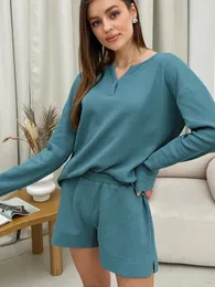 Mulheres sleepwear hiloc malha manga longa mulheres conjuntos com decote em v loungewear cintura alta shorts feminino conjunto 2024 primavera casual nightwear