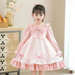 Sukienki dla dziewczynek Lolita Princess sukienka 3-10 lat ubrania dziewcząt swobodny jesień zima koreańska koronkowa kołnierz różowy
