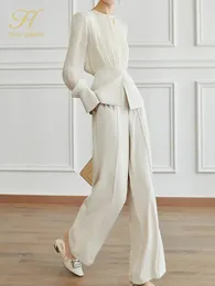 H Han Queen Autumn Occupation 2-stycken passar kvinnor Elegant långärmad topp enkla breda benbyxor koreanska ol casual set 240106