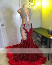 Saprkly Red Squins Prom Dress 2024 흑인 소녀 반짝이는 수정 구슬 깃털 반짝이 생일 파티 홈 커밍 가운