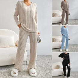 Kvinnors sömnkläder Ribbed stickad pyjamas Set V-hals Mysig stickad tröja byxor med V-nackfickor för höstvinter hemkläder kvinnor