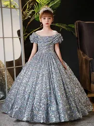 Klänningar 2023 Pretty paljettblommor Girls Dress Princess Long Ball Gown 3D Floral Apliques Girls Pageant Dresses Lovely Rainbow Hand Made