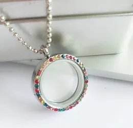 Kedjor 1 st färgglada strass rund glas flytande locket halsband silver tröja passar charm