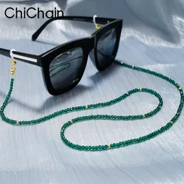 Colar de corrente de óculos para mulheres-acrílico frisado óculos de sol cordão em torno do pescoço feito à mão cristal verde frisado 240108