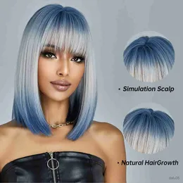 Perucas sintéticas comprimento médio azul branco ombre cabelo sintético reto com franja curto bob peruca cosplay para mulheres festa diária resistente ao calor