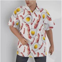 Men's Casual Shirts Hawaiian Shirt Fried Egg And Bacon Print Beach Short Sleeve Summer Button Up Patchwork Tops 3D