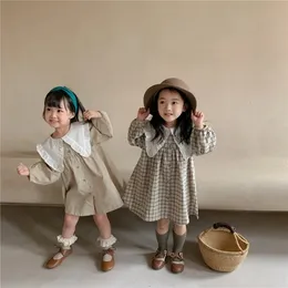 8486 Girls Clothes Casual Dress Autumn Korean Cotton Linen Girls Princess Dress Big Turn Down Collar Plaid Dress 240108