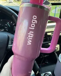 US STOCK Winter Comso Pink Parade with 1:1 logo Quenched H2.0 40oz tumblers cups With handle lid and straw Red Target Travel car Mugs stainless steel coffee tumbler