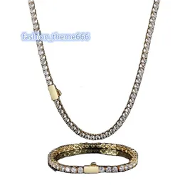 European and American hip-hop zircon necklace men's three prong set pink single row diamond tennis chain Tennis Chain