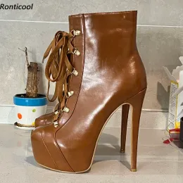 RontiCool Women Winter Platform Ankle Boots Faux Leather Sexy Stileetto Heels Round Toe Brown Club Ladies Shoes USサイズ5-20