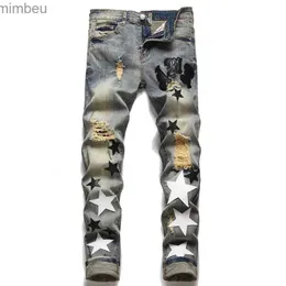 Men's Jeans Mens Light Luxury Stretch Blue JeansStars Embroidery Decors Slim-fit JeansHole Ripped Casual JeansYouth Sexy Cool st;L240109