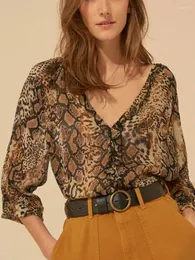 Damesblouses Dun shirt voor dames 2024 Luipaardprint Ruches V-hals Losse vintage blouse met lange mouwen