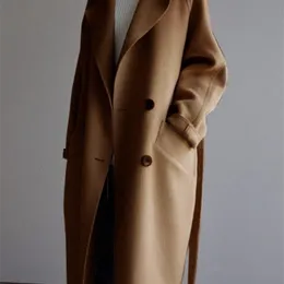 Winter Woment Women Beige Wool Blend Solid Color Coat Long Retro Fashion Black Simple Wool Camel Coat 240109